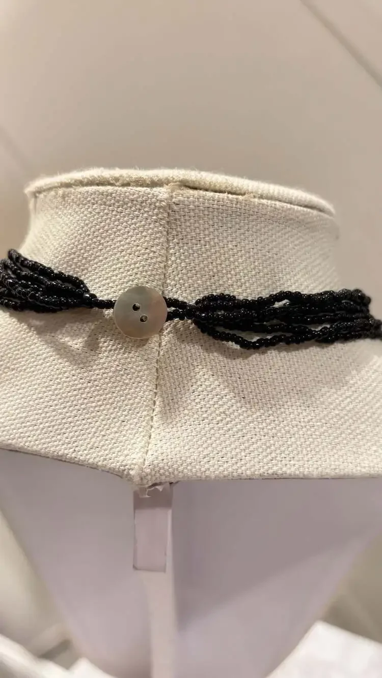 Vintage Multi-Strand Black Seed Necklace Inlaid Mother of Pearl